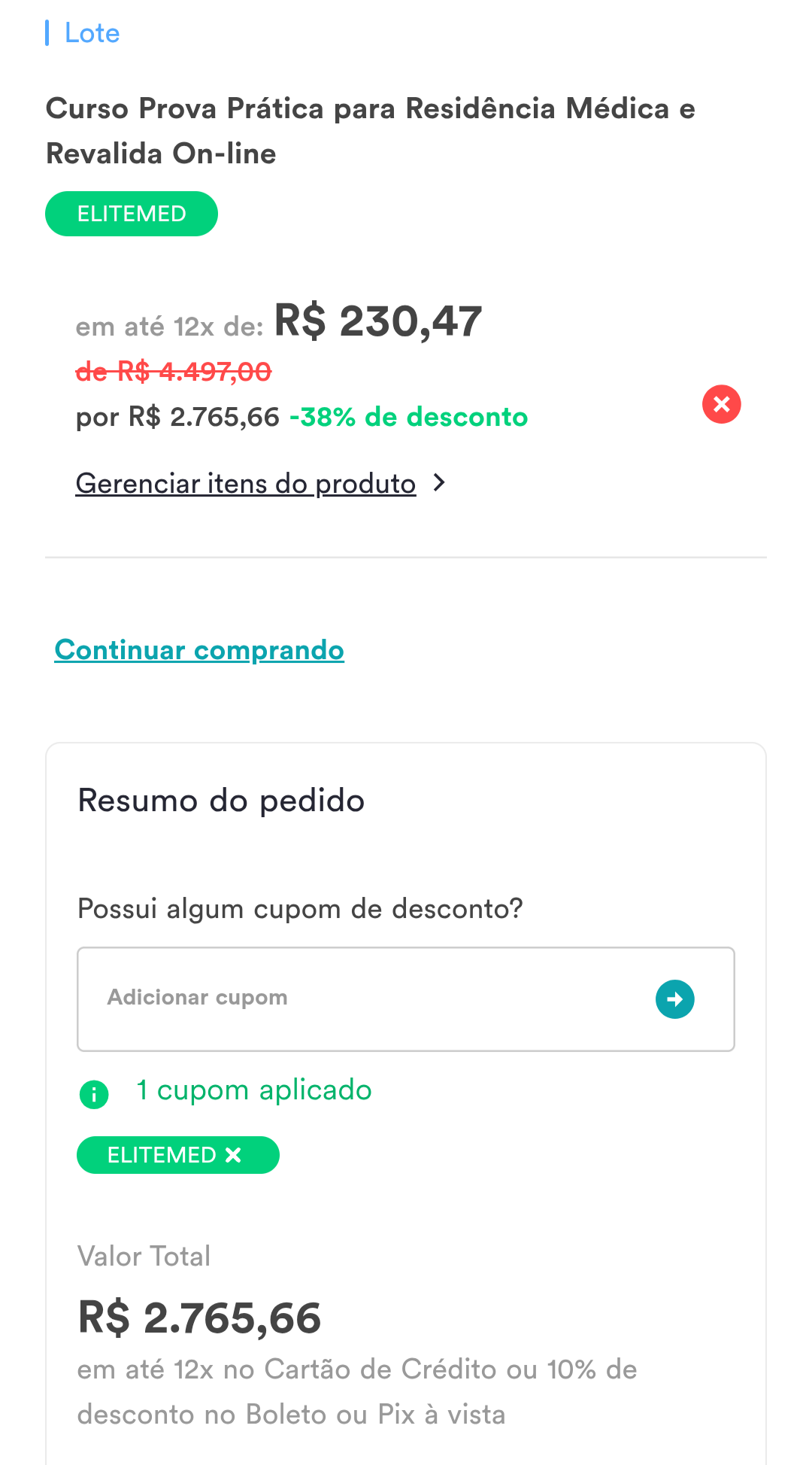 Pedido do Curso Prova Prática para Residência Médica e Revalida com desconto aplicado