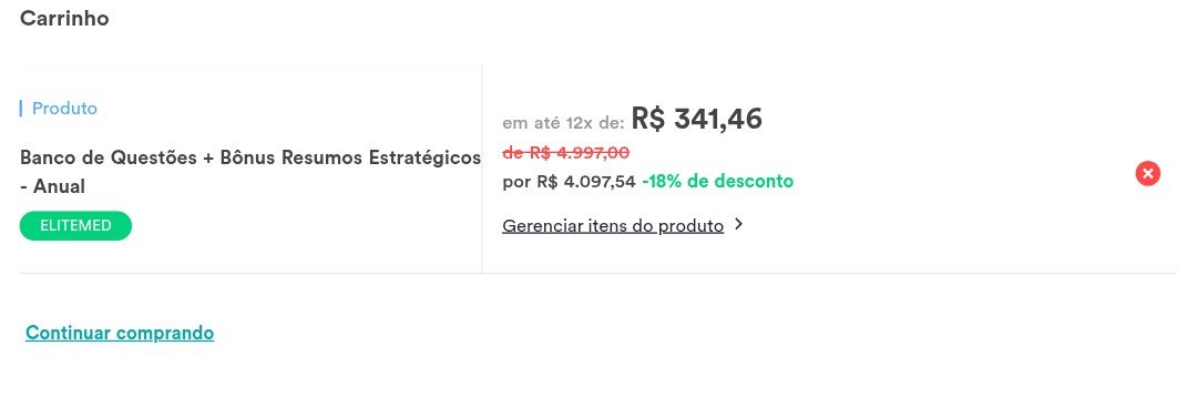 Carrinho do Banco de Questões BQMED com ELITEMED aplicado