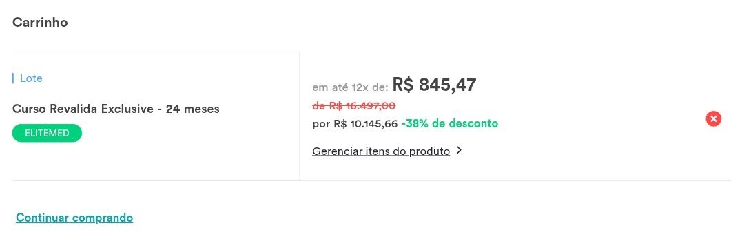 Carrinho do Revalida Exclusive com ELITEMED aplicado