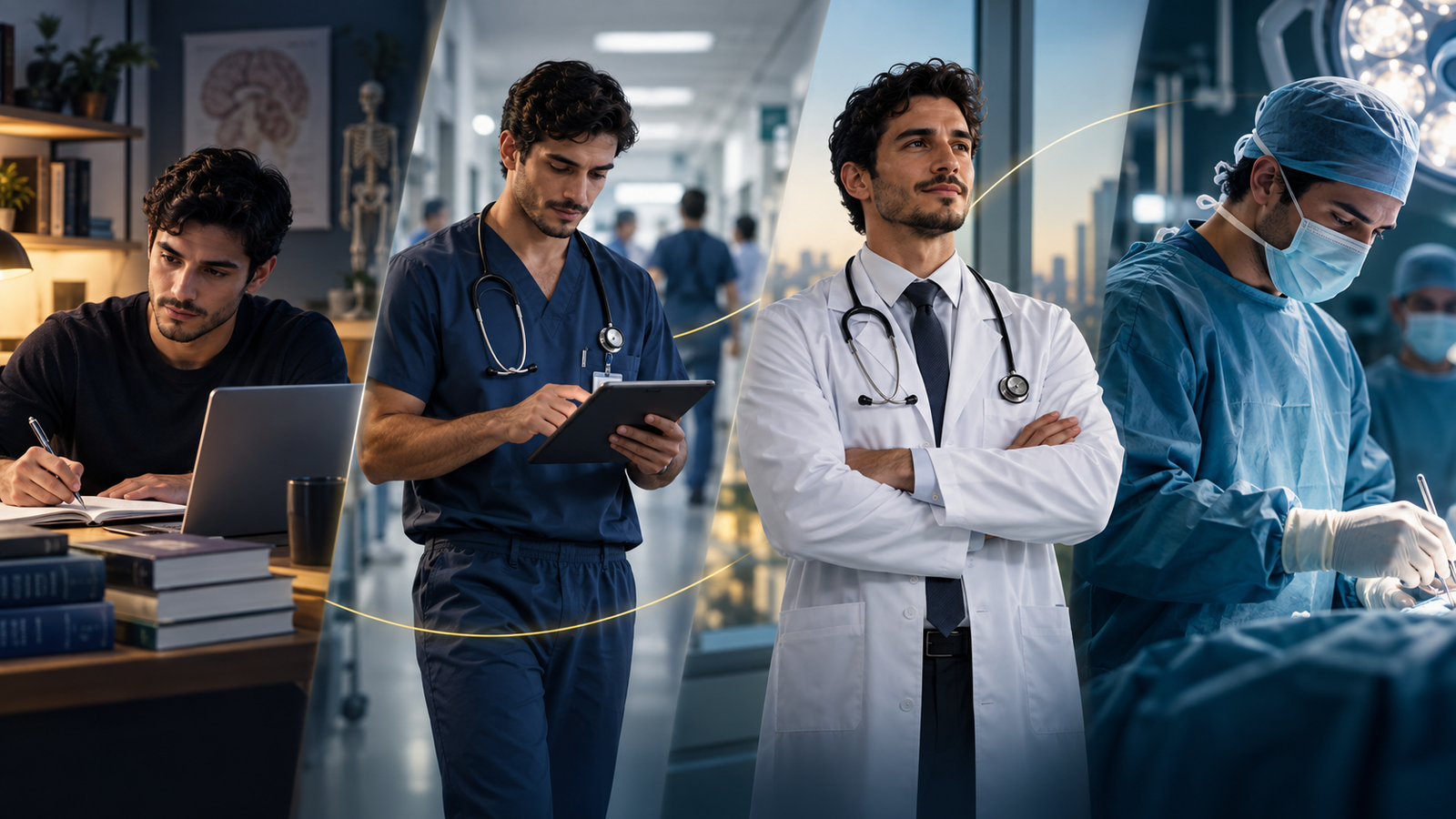 Jornada visual de um estudante de Medicina evoluindo para médico, especialista e cirurgião